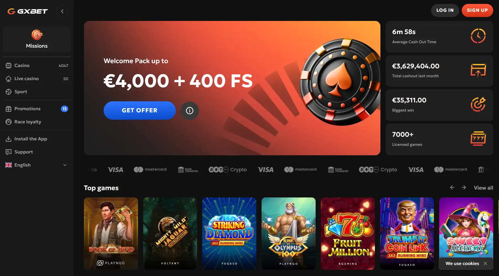 GXBet welkomstpakket met 400 gratis spins